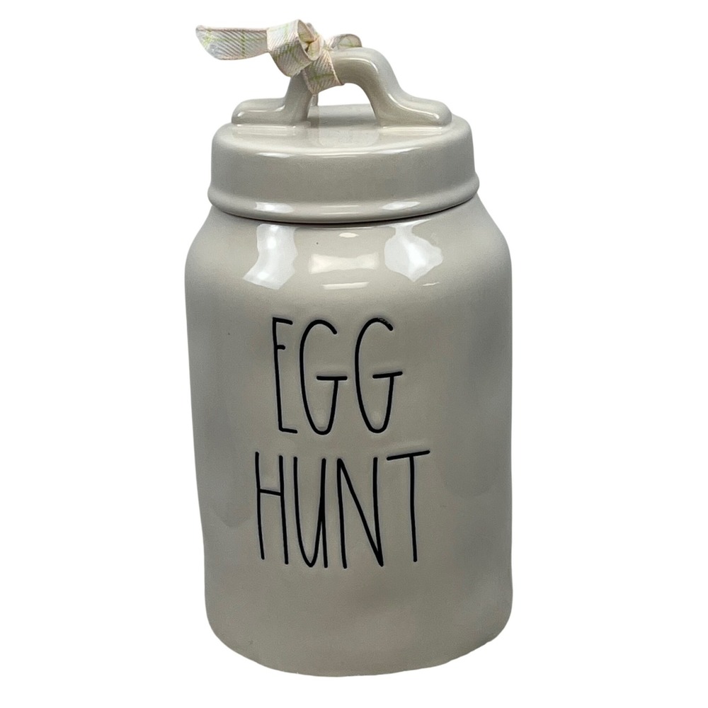 Rae Dunn Egg Hunt Ceramic Canister with Lid and Ribbon White Easter 8 X 4 inches